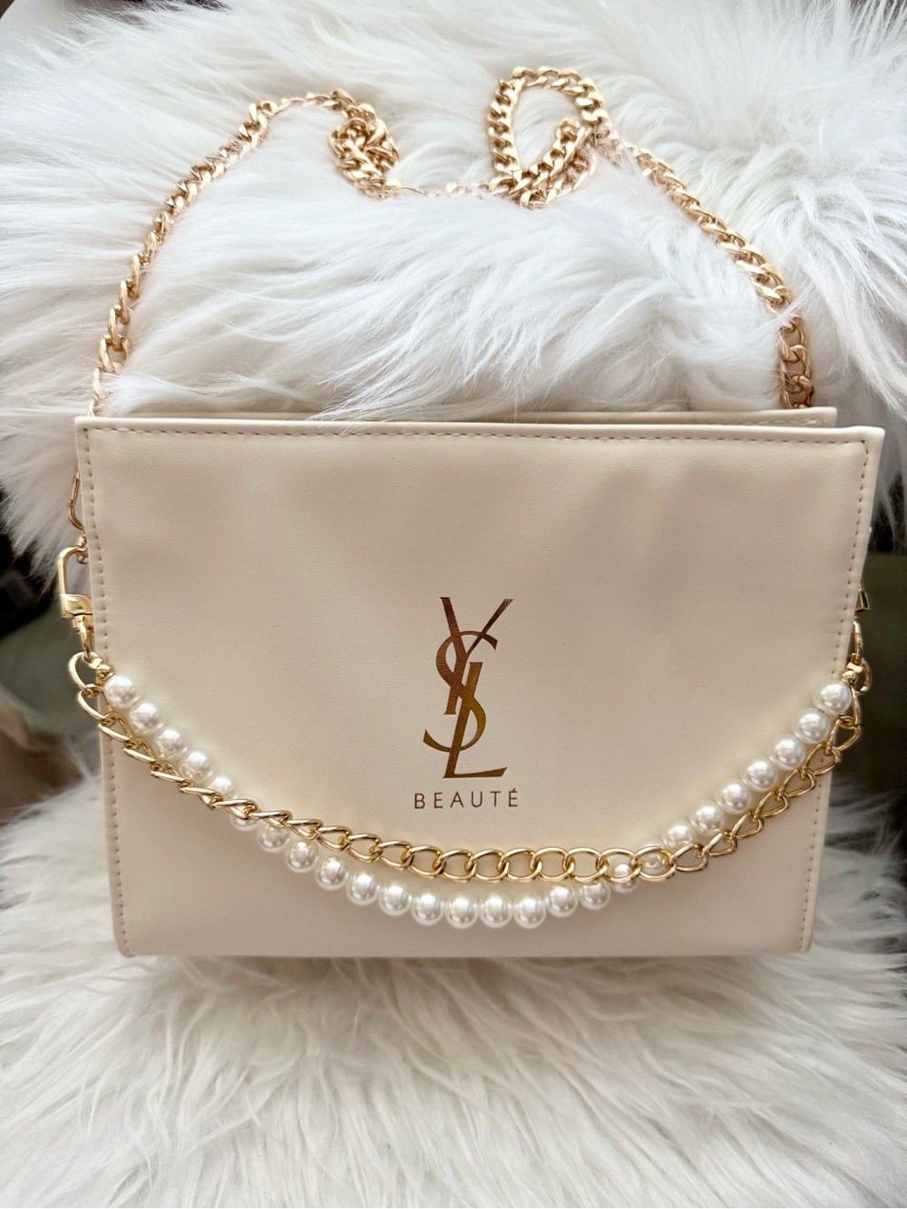 YSL Beaute Cream Pearl-Trim cosmetic pouch with gold chain GWP